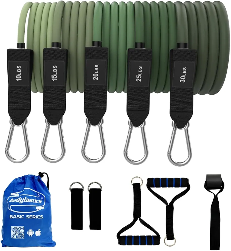 Bodylastics Patented Basic Series Resistance Band Set - 5 Resistance Bands (46 Inch Each vs PRO Series 54 Inch), 2 Handles, 2 Ankle Straps, 1 Door Anchor, Carry Bag - Snap Reduction Tech