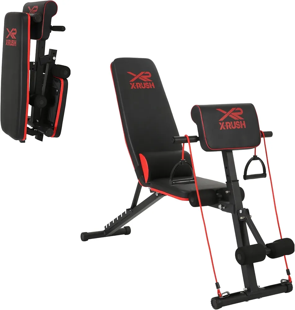 Multi-functional folding weight bench, adjustable weight bench, with 7 positions backrest adjustment and 2 training straps, 600 lbs capacity, suitable for full body workouts