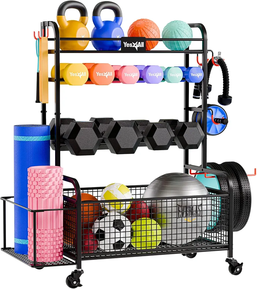 Yes4All Dumbbell Rack, Weight Rack for Home Gym, Sports Equipment Organizer for Dumbbells Kettlebells Yoga Mat Foam Roller and Balls, All in One Gym Workout Storage with Wheels and Hooks