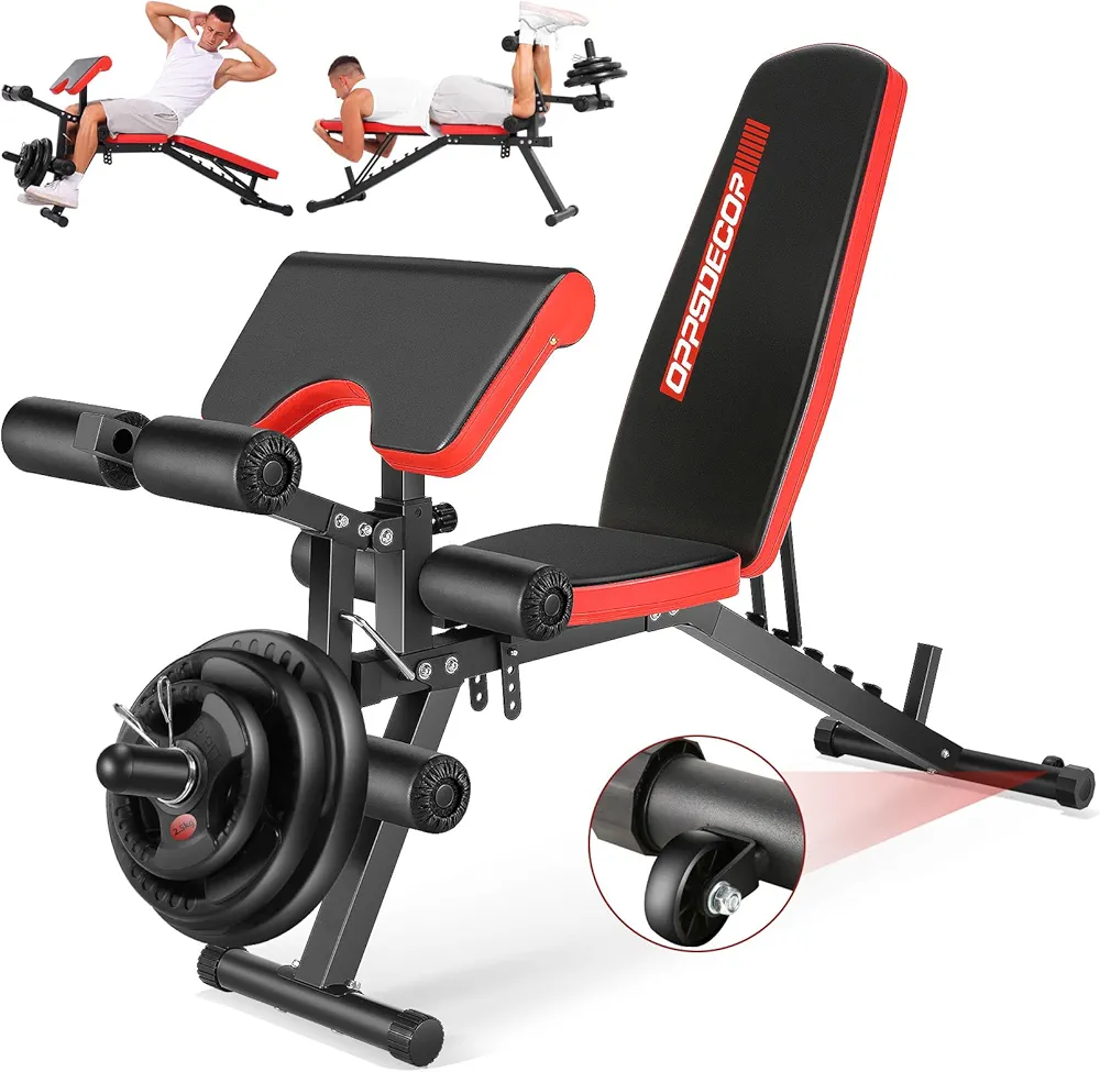 OPPSDECOR Adjustable Weight Bench with Leg Extension and Leg Curl, Workout Bench Press Preacher Curl Bench with Wheels, 800 LBS Flat/Incline/Decline Sit-Up Bench Gym Bench for Home Workout