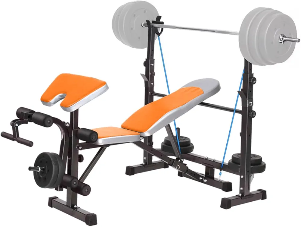 Weight Bench with Squat Rack, Adjustable Olympic Weight Bench,Arm Curl Pad & Leg Extension,Workout Bench Incline/Decline Flat Weight Lifting Bench Press