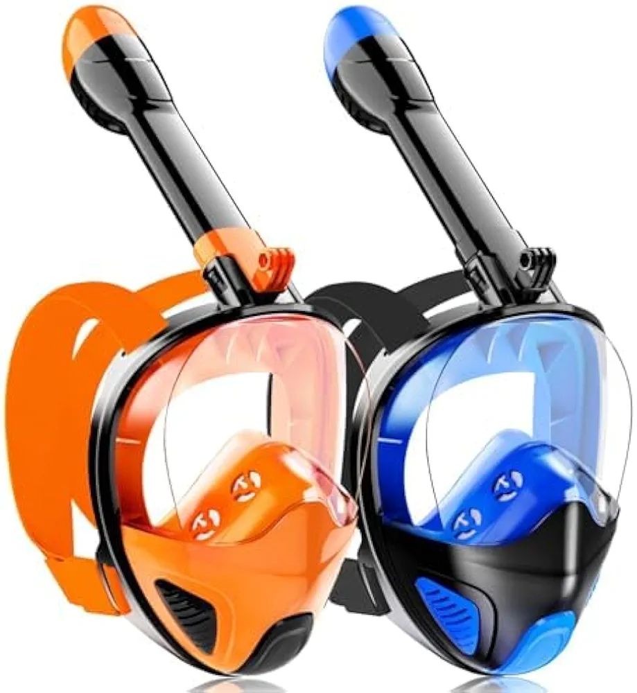 Full Face Snorkel Mask for Adults Teen, Snorkeling Gear with Detachable Camera Mount,Panoramic 180° View, Anti-Fog Anti-Leak Snorkling Set for Man and Women (Dark Blue+Black Orange-L-3)