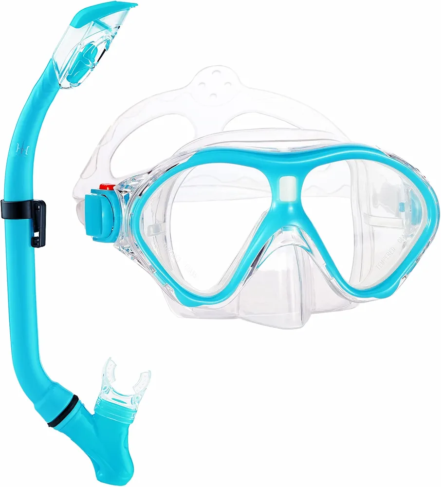 Snorkeling Gear for Kids with Foldable Silicone Full Dry Snorkel, Kids Snorkel Set Anti Leak Youth Junior Snorkeling Package Diving Mask Soft Tube with Mesh Bag Scuba Swimming Goggles