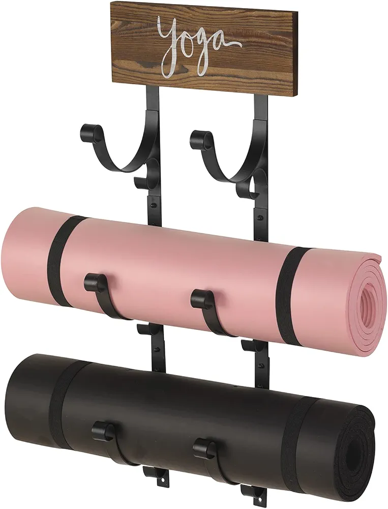 MyGift Wall Mounted Black Metal 3-Tier Yoga Mat Rack/Exercise Mat, Foam Roller Holder with Rustic Burnt Wood Yoga Sign