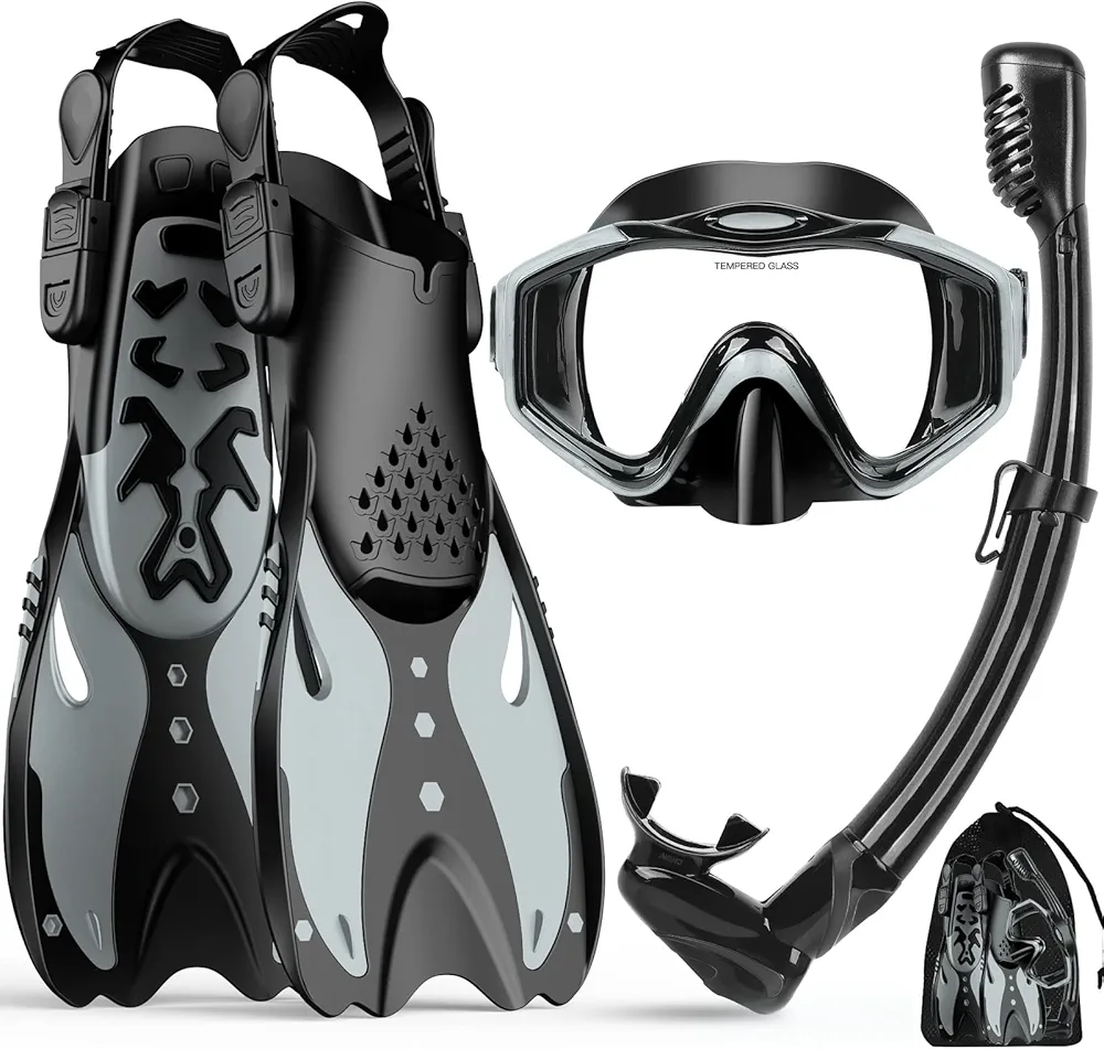KUYOU Mask Fins Snorkeling Gear for Adults - Wide View Anti-Fog Mask, Full Dry Top Snorkel Gear Set