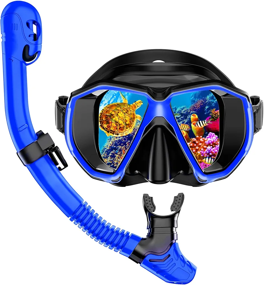 Snorkeling Gear for Adults Scuba Mask Set with Nose Cover Anti Fog Diving Mask with Dry Top Snorkel for Mens Womens Travel Swim Scuba Diving Snorkeling with Bag
