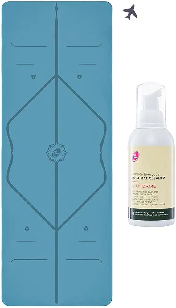 LIFORME Travel Yoga Mat & Ultimate Everyday Yoga Mat Cleaner- Bundle Pack – Patented Alignment System, Eco-Friendly, Non-Slip Warrior-Grip, Thick, Sweat Resistant, Comfortable - Blue