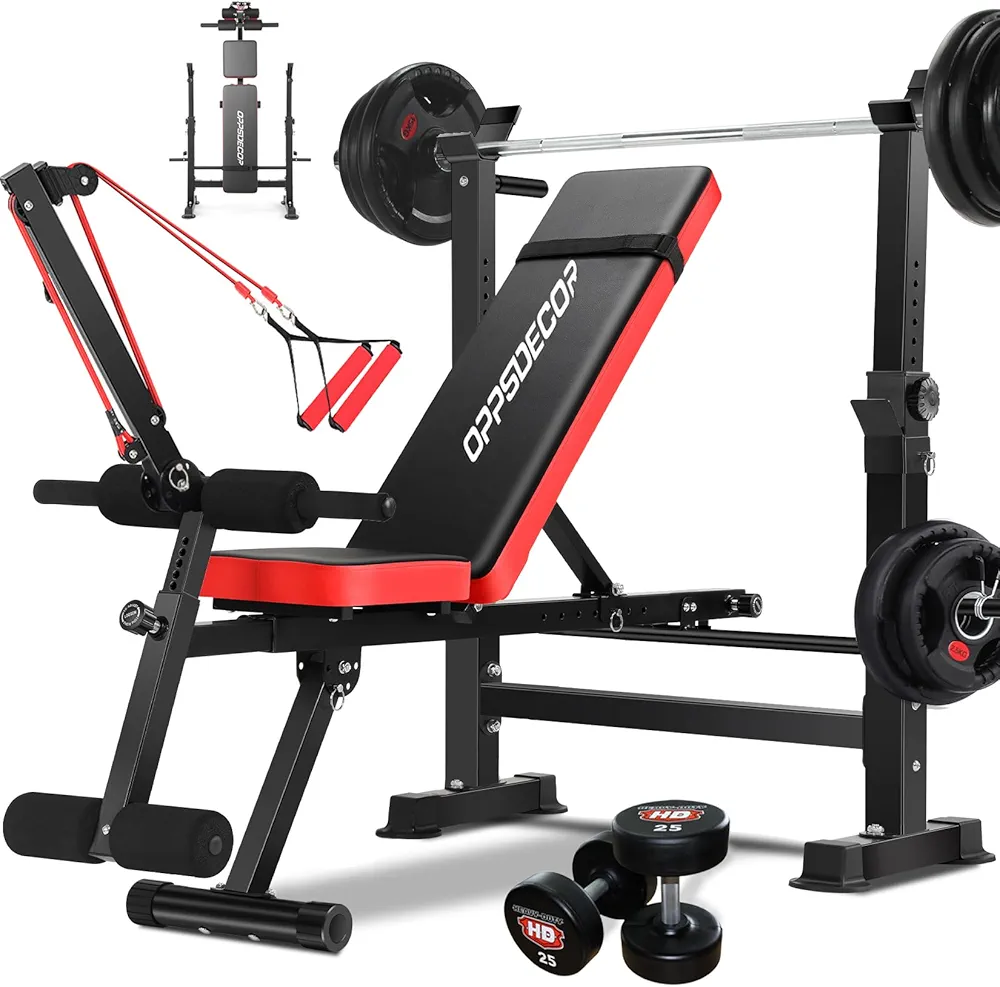OPPSDECOR Weight Bench Set with Squat Rack, 6 in 1 600lbs Foldable Bench Press Set With Removable Leg Catch, Adjustable Incline Flat Decline Sit Up Workout Bench, Strength Training for Home Gym