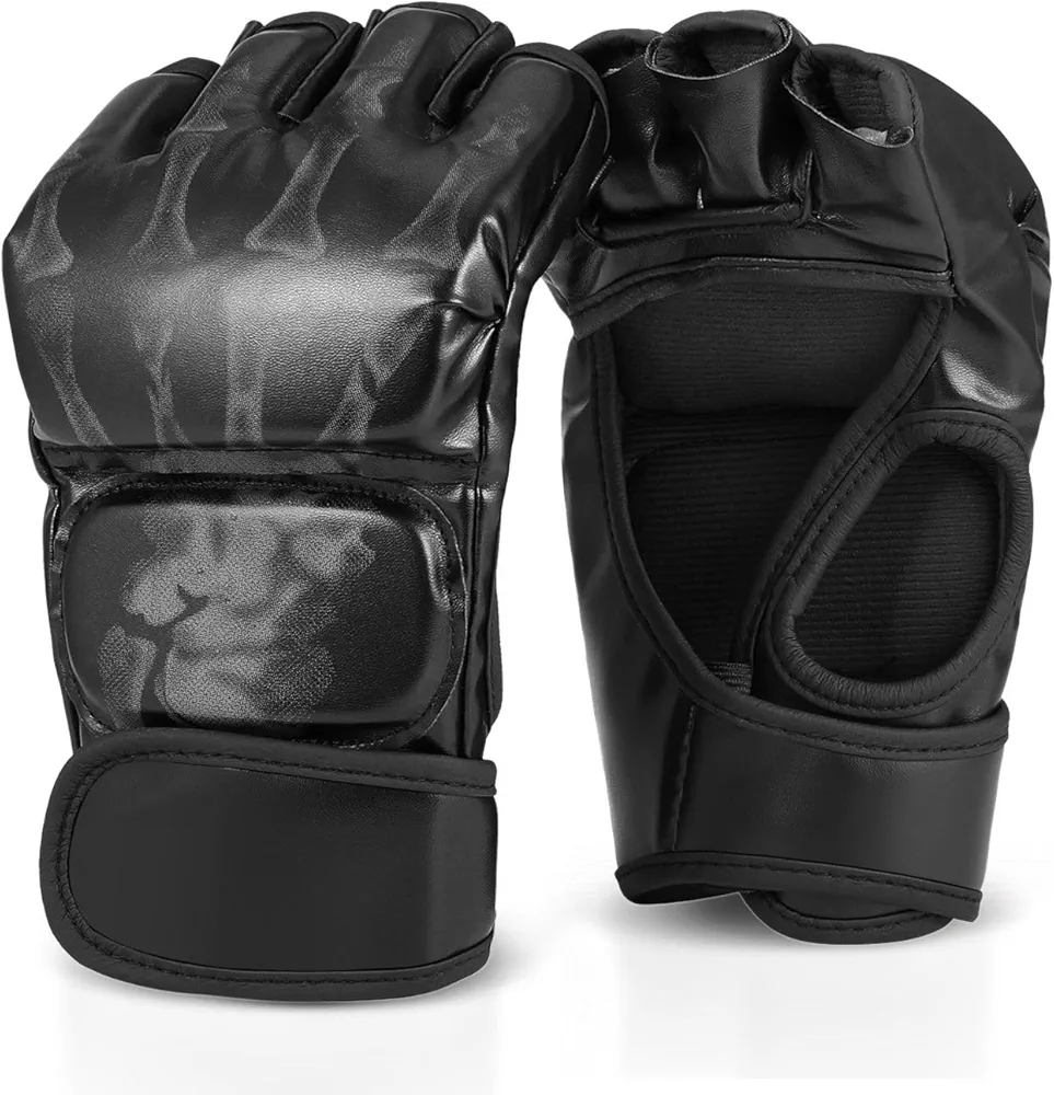 Flexzion MMA Gloves Fingerless Boxing Gloves for Men Women and Teen Youth, UFC Grappling Krav MAGA Kickboxing Gloves for Training Punching Bag Muay Thai Hitting Mitts Cutoff Martial Art Gloves