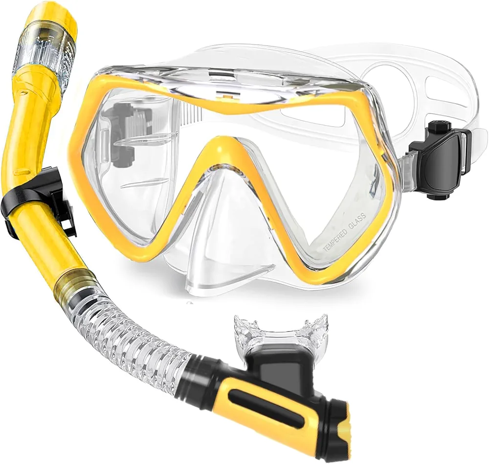 Snorkeling Gear for Adults, Dry Snorkel Set,Panoramic View Snorkel Gear, Anti-Fog Tempered Glass Swim Mask,Snorkel for Lap Swimming Diving Scuba Training Travel Snorkel Kit