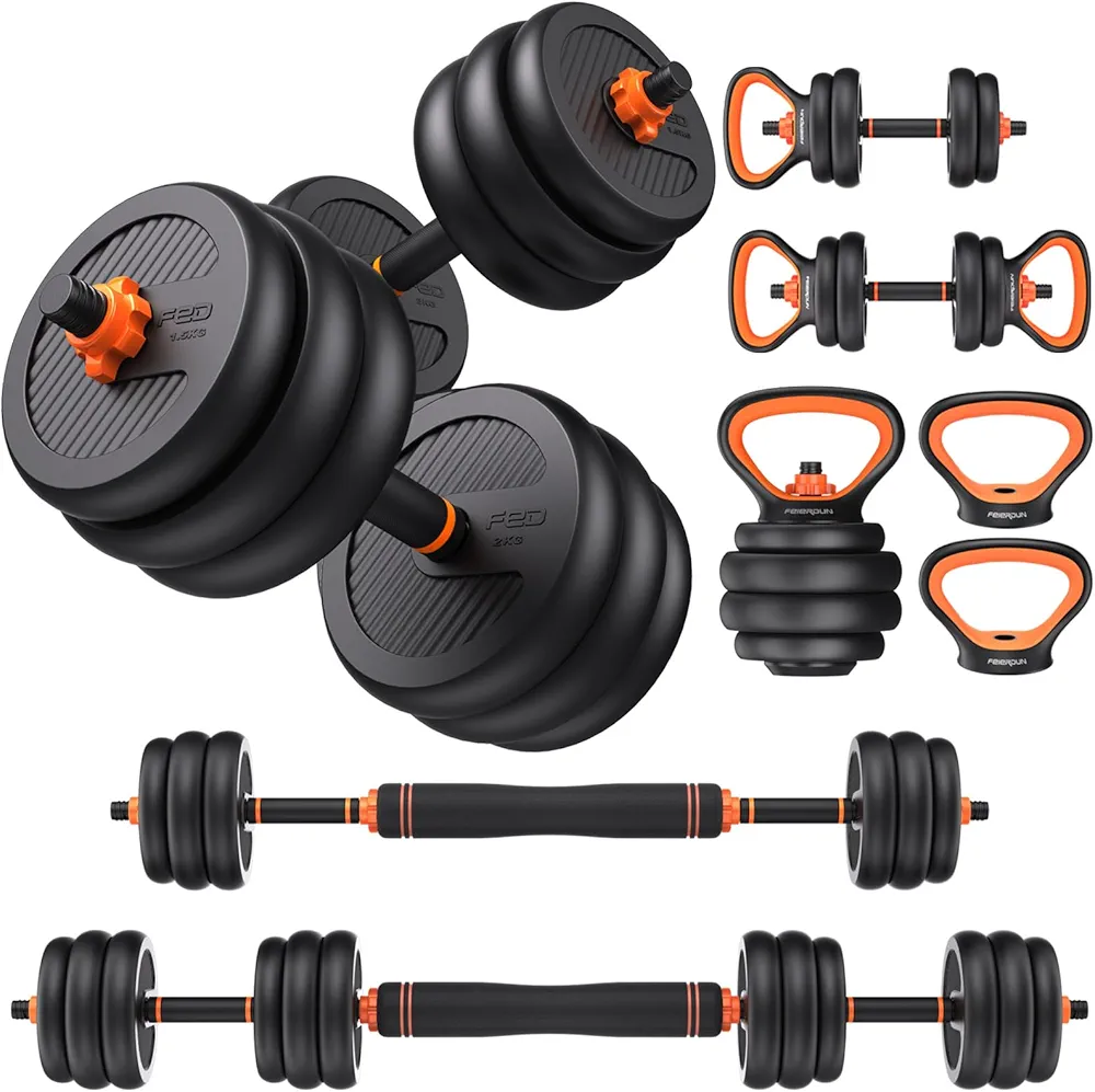 FEIERDUN Adjustable Dumbbells, 20/30/40/45/70/90lbs Free Weight Set with Connector, 4 in1 Dumbbells Set Used as Barbell, Kettlebells, Push up Stand, Fitness Exercises for Home Gym Suitable Men/Women