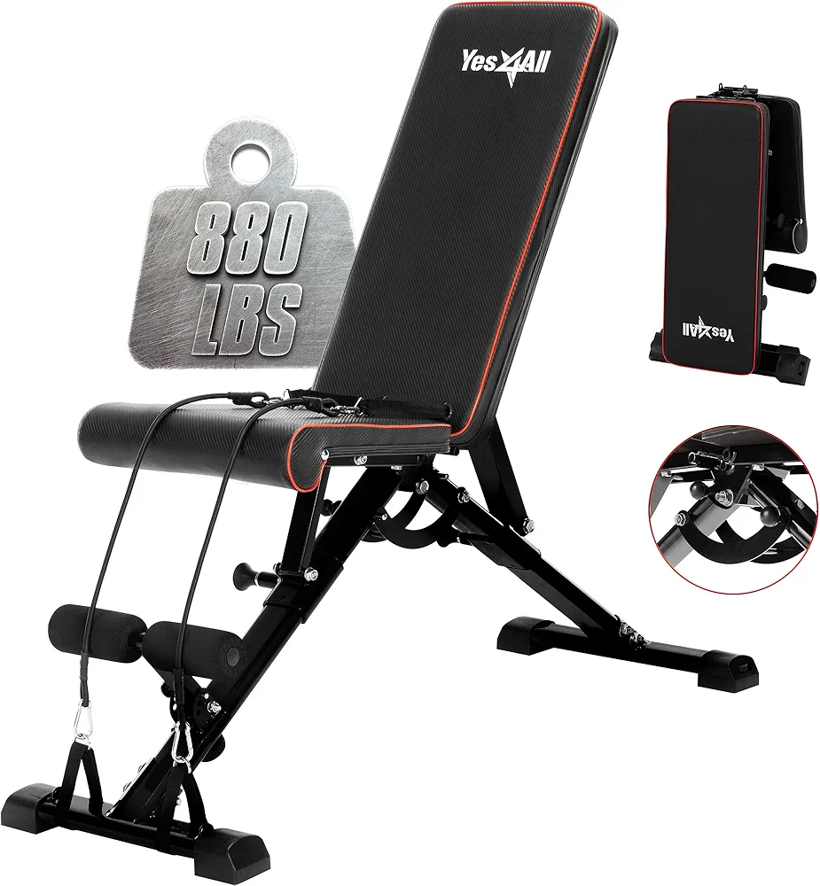Yes4All Adjustable Weight Bench, Sturdy 880Lb Foldable Workout Bench for Home Gym for Strength Training with 1 Pair of Bands