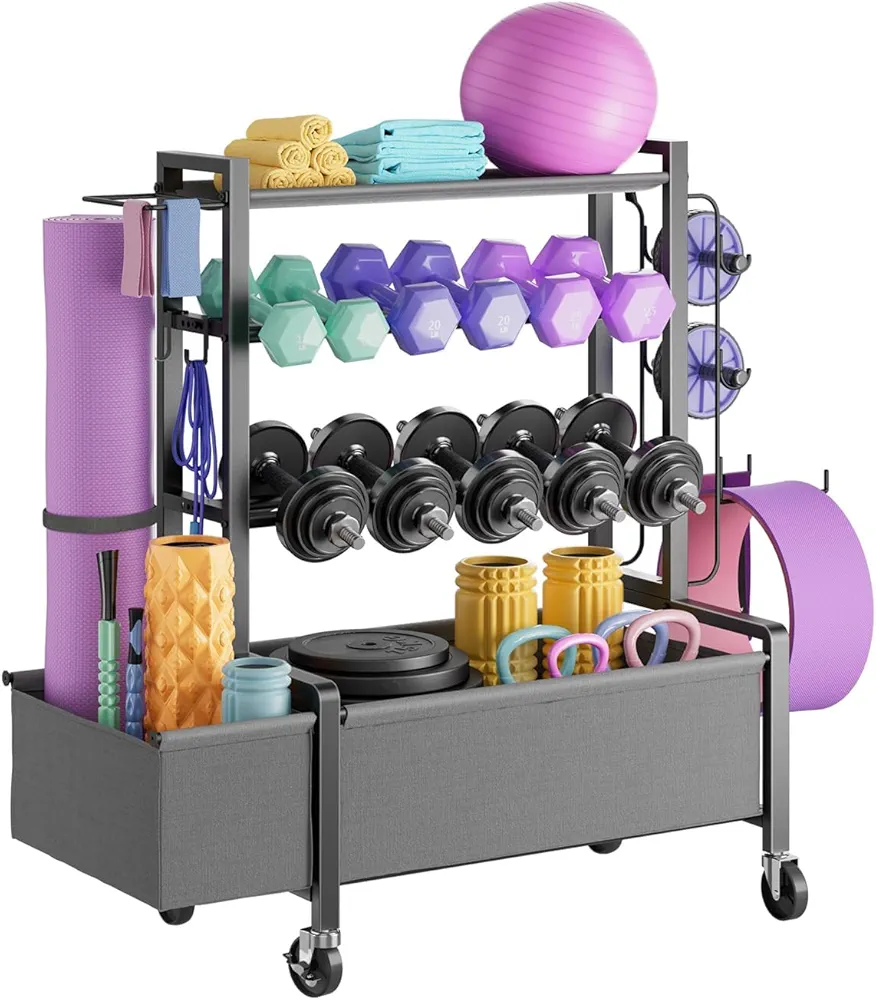 Adjustable Dumbbell Rack, Weight Rack for Dumbbells, Home Gym Storage for Dumbbells Kettlebells Yoga Mat Ball, All in One Workout Equipment Organizer with Caster