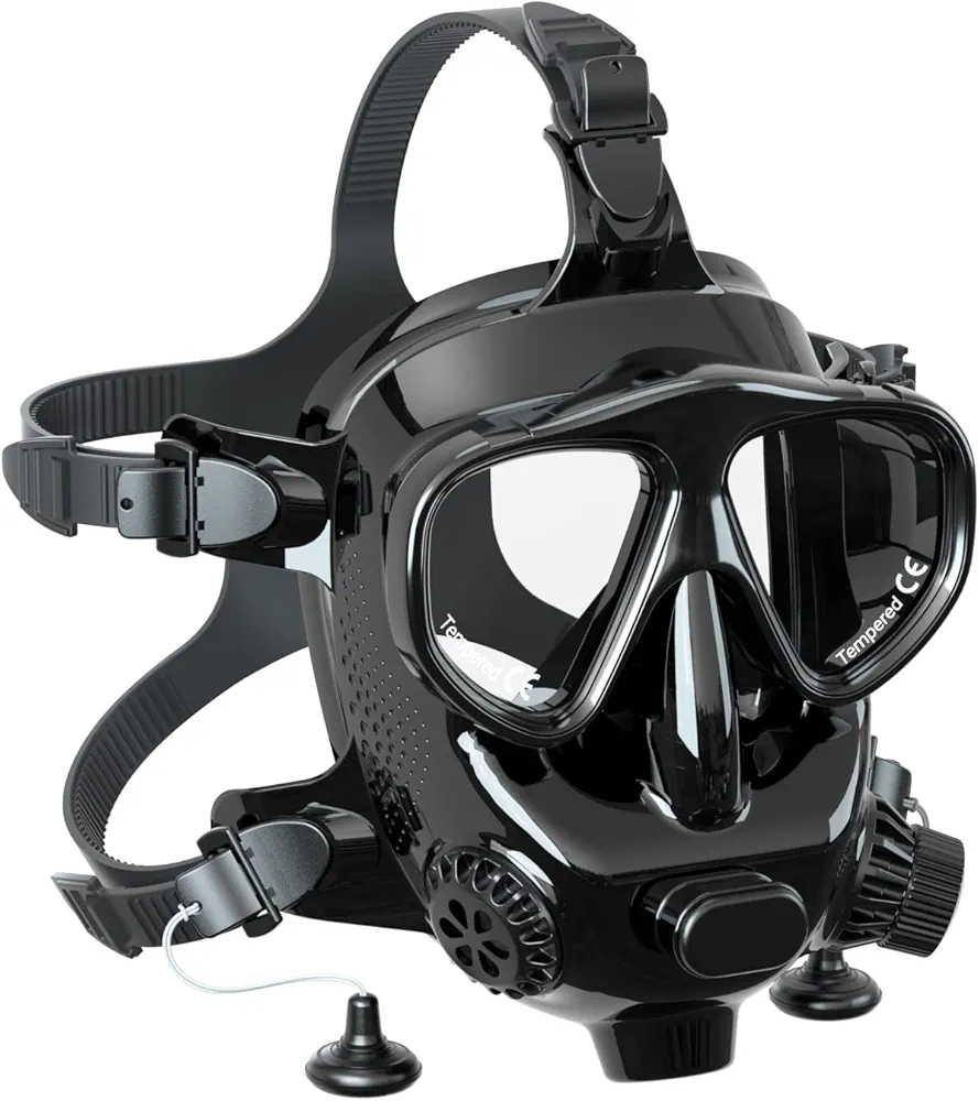 Full Face Dive Mask Support Diving & Snorkeling, Full Face Snorkel Mask Adjustable Scuba Mask with Camera Mount Provide 180° View Panoramic Compatiable with SMACO 1L/1.9L Mini Scuba Tanks