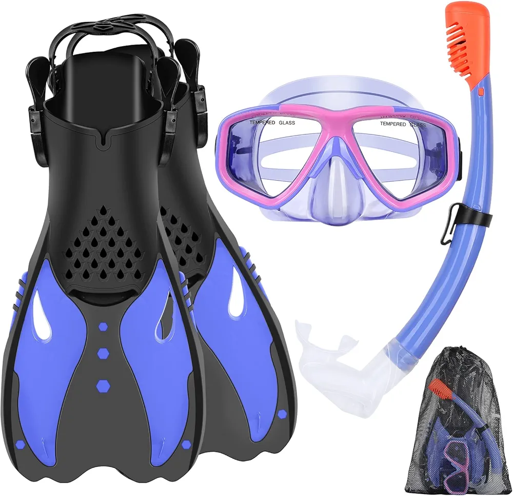 KUYOU Youth Snorkel Set for Ages 7-16 - Anti-Fog Mask, Full Dry Top Snorkel, Adjustable Fins - Premium Quality, Comfortable and Durable Set for Teen Snorkelers