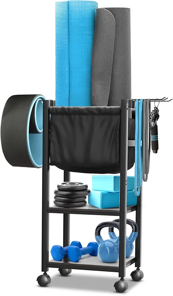 Multifunctional Home Gym Storage Rack - Metal Exercise Equipment Storage w/Wooden Shelf, Hooks & Black Yoga Mat Home Gym Organizer Basket - 88LBS Max Cap Weight Rack for Dumbbells & More