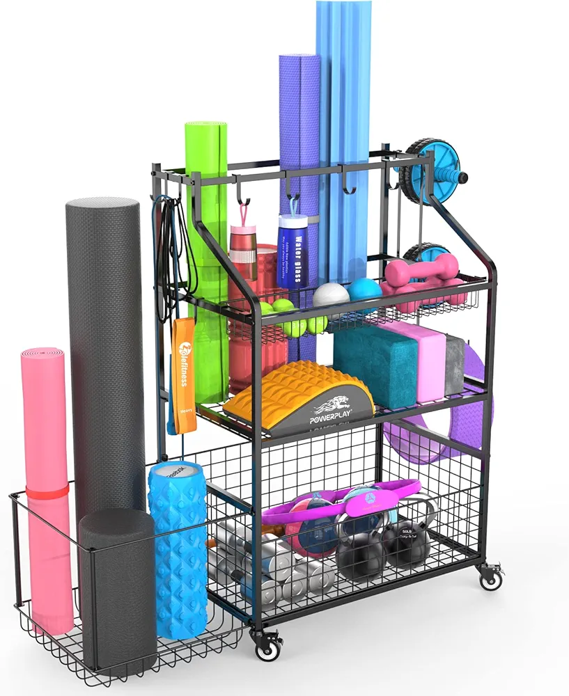 Gym Yoga Mat Rack, With Hooks and Wheels, Fitness Equipment Storage for Dumbbell Rack Kettlebells Foam Roller, Gym Equipment for Home Workout, Garage Organizer (Black)