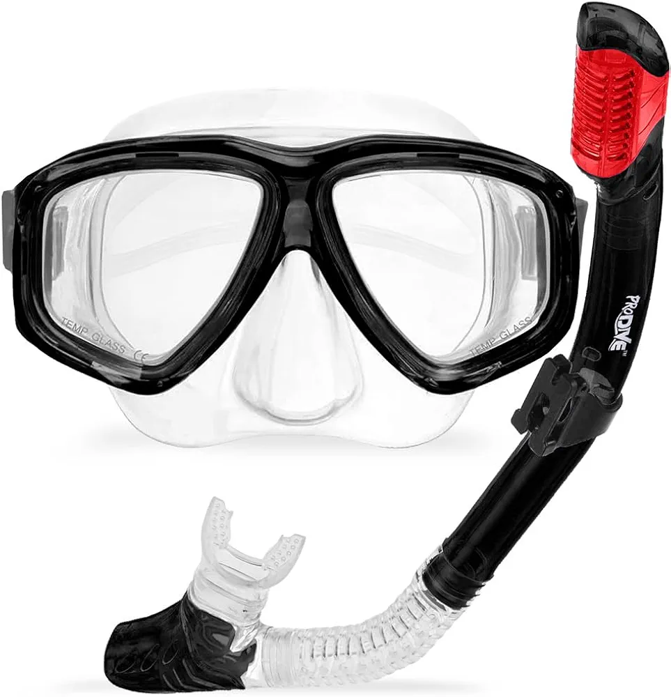 Premium Dry Top Snorkel Set - Impact Resistant Tempered Glass Diving Mask, Watertight and Anti-Fog Lens for Best Vision, Easy Adjustable Strap, Waterproof Gear Bag Included
