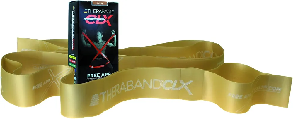 THERABAND CLX Resistance Band with Loops, Fitness Band for Home Exercise and Full Body Workouts, Portable Gym Equipment for Home Training, Gift for Athletes, Individual 5 Foot Band, Gold, Max, Elite