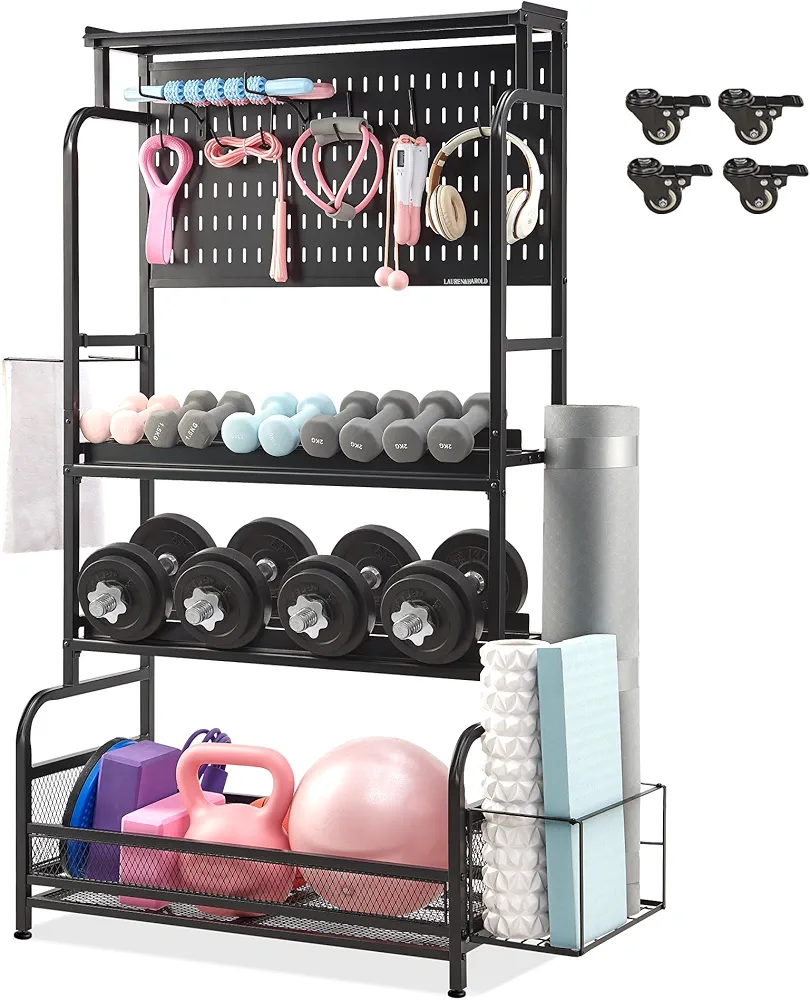 63'' Taller Home Gym Storage Organizer, Yoga Mat Storage Rack with Hanging Board, Exercise Workout Equipment Storage Stand for Home Gym, Dumbbell Holder Kettlebell Rack with Wheels and Hooks (Dark Black)