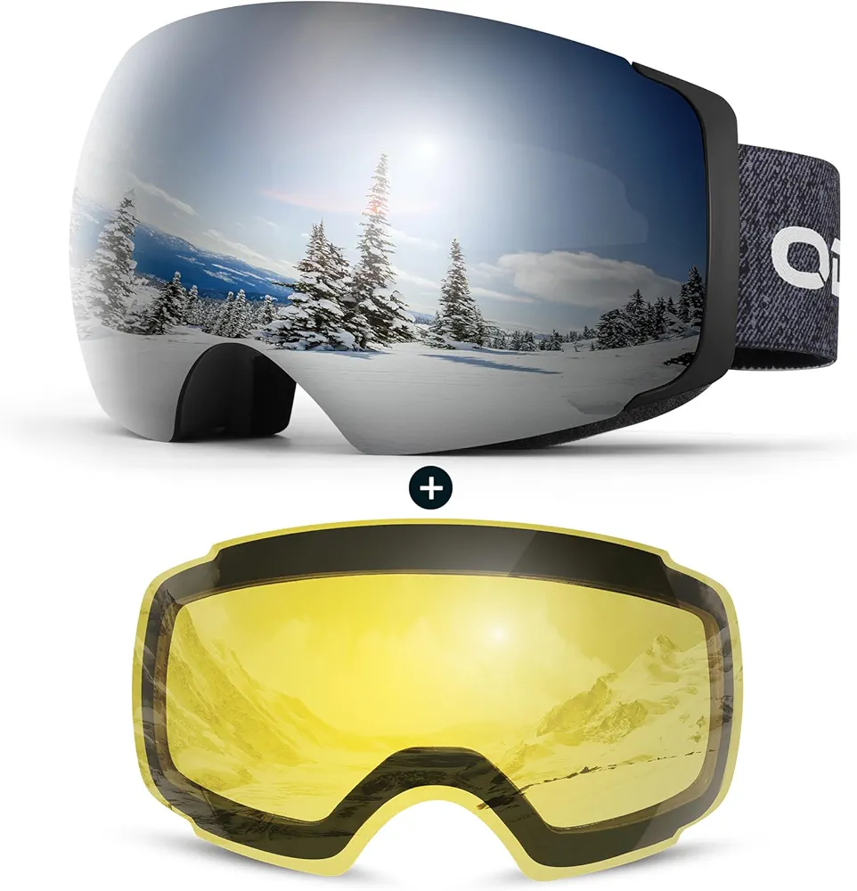 Odoland Magnetic Interchangeable Ski Goggles with 2 Lens, Large Spherical Frameless Snow Snowboard Goggles for Men Women