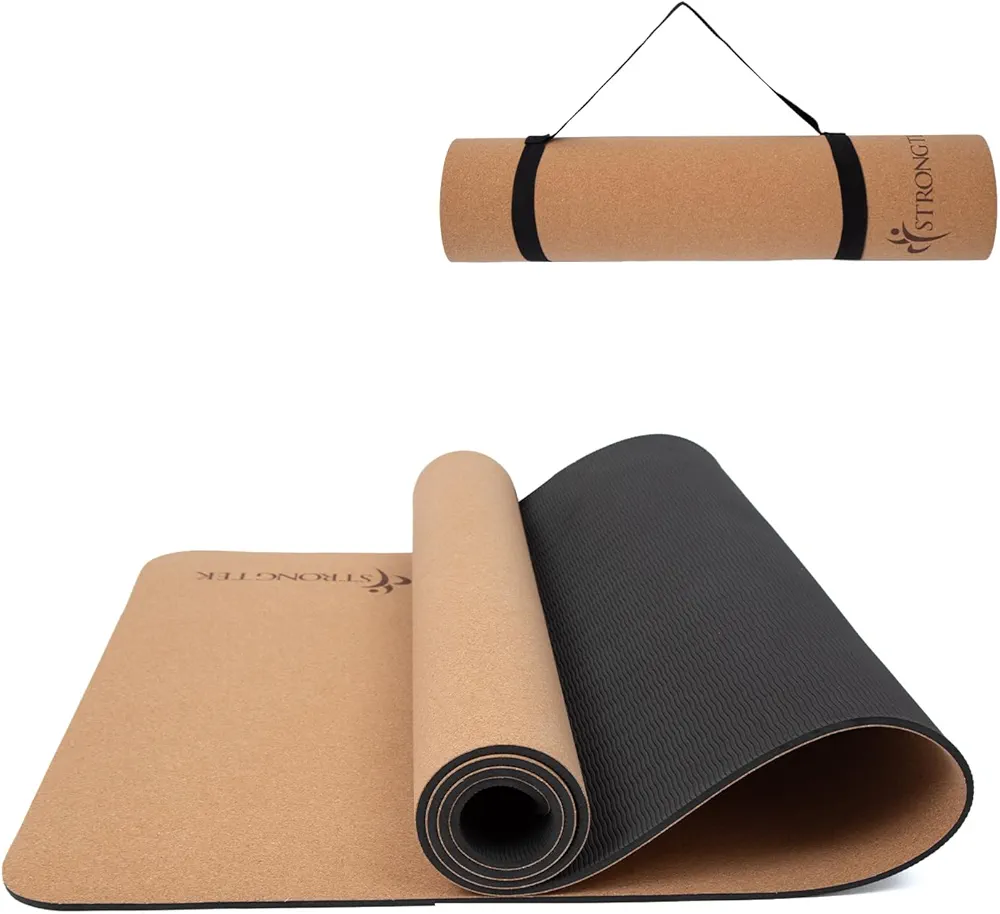 StrongTek Cork TPE Yoga Mat with Strap - Non-Slip, Dual-Layer Fitness Mat for Yoga, Pilates, and Exercise - 72"x 24" - Ideal for Home, Studio, and Outdoor Workouts