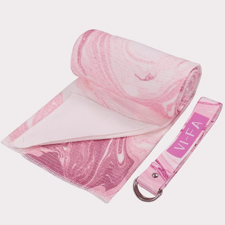 Soft Yoga Mat Towel Hot Yoga Towel Non Slip Microfiber Yoga Mat Cover with 6 Feet Yoga Strap/Mat Carry Strap for Workout, Gym, Fitness -Pink Marble Pattern 68" X24''