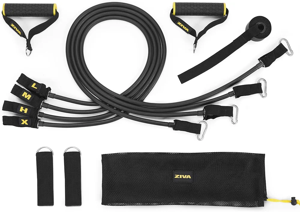 ZIVA Performance Power Resistance Band Set - Multiple TPR Exercise Bands (10, 20, 26, 40 lb) for Resistance Training with Ankle Straps, Door Anchor System - Portable Home Gym Accessories