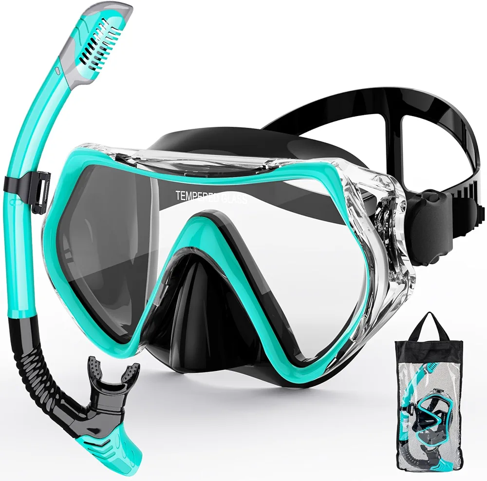 Snorkeling Gear for Adults, Snorkel Mask Adult Snorkel Set, Anti-Fog Scuba Diving Mask Panoramic View Scuba Gear, Tempered Glass Snorkel Goggles Swim Masks for Adults