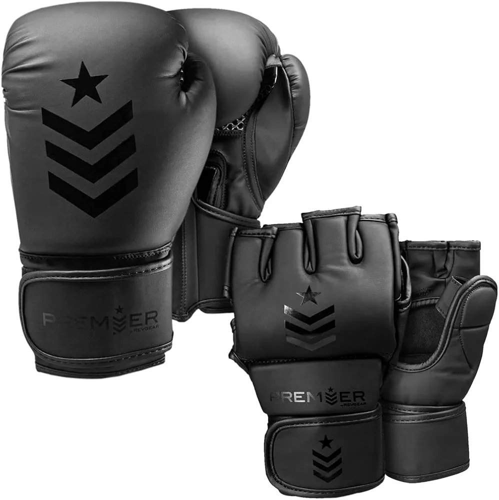 Revgear Bundle - Premier Boxing Gloves (Black/Black, 16 OZ) and Premier MMA Gloves (Black/Black, Large)