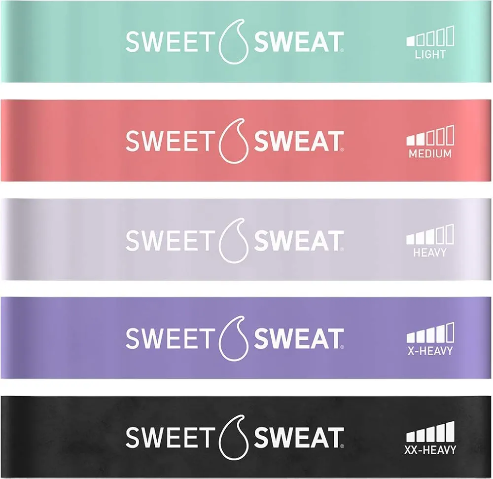Sweet Sweat Mini Loop Resistance Bands - Set of 5 | Exercise Hip Booty Bands for Squats, Lunges, Physical Therapy, Yoga, Pilates, Rehab and Home Workout | Non-Latex Elastic Bands Includes Carry-Bag