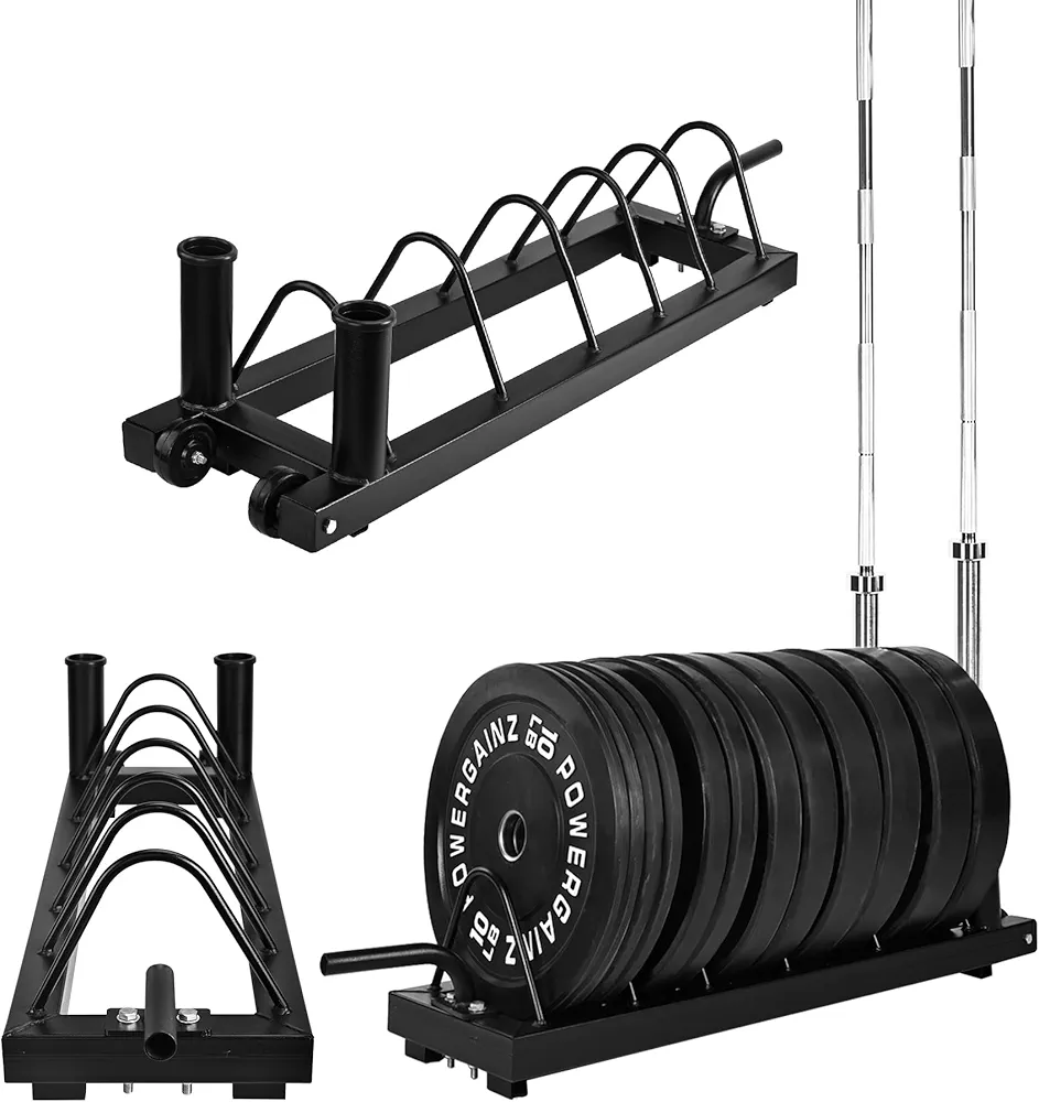 Fitvids Horizontal Plate and Olympic Bar Rack Organizer with Steel Frame and Transport Wheels, 5 Storage Spaces