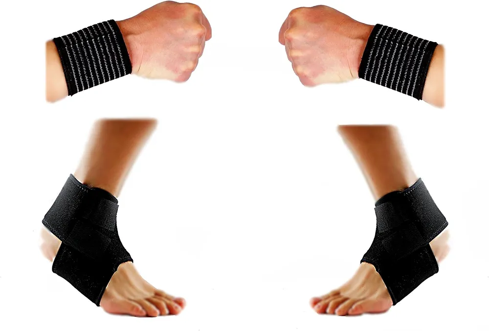 2 Elastic Striped Wrist Straps and 2 Ankle Straps (ST9) for Home, Gym, Fitness, Sports, and Weight Lifting