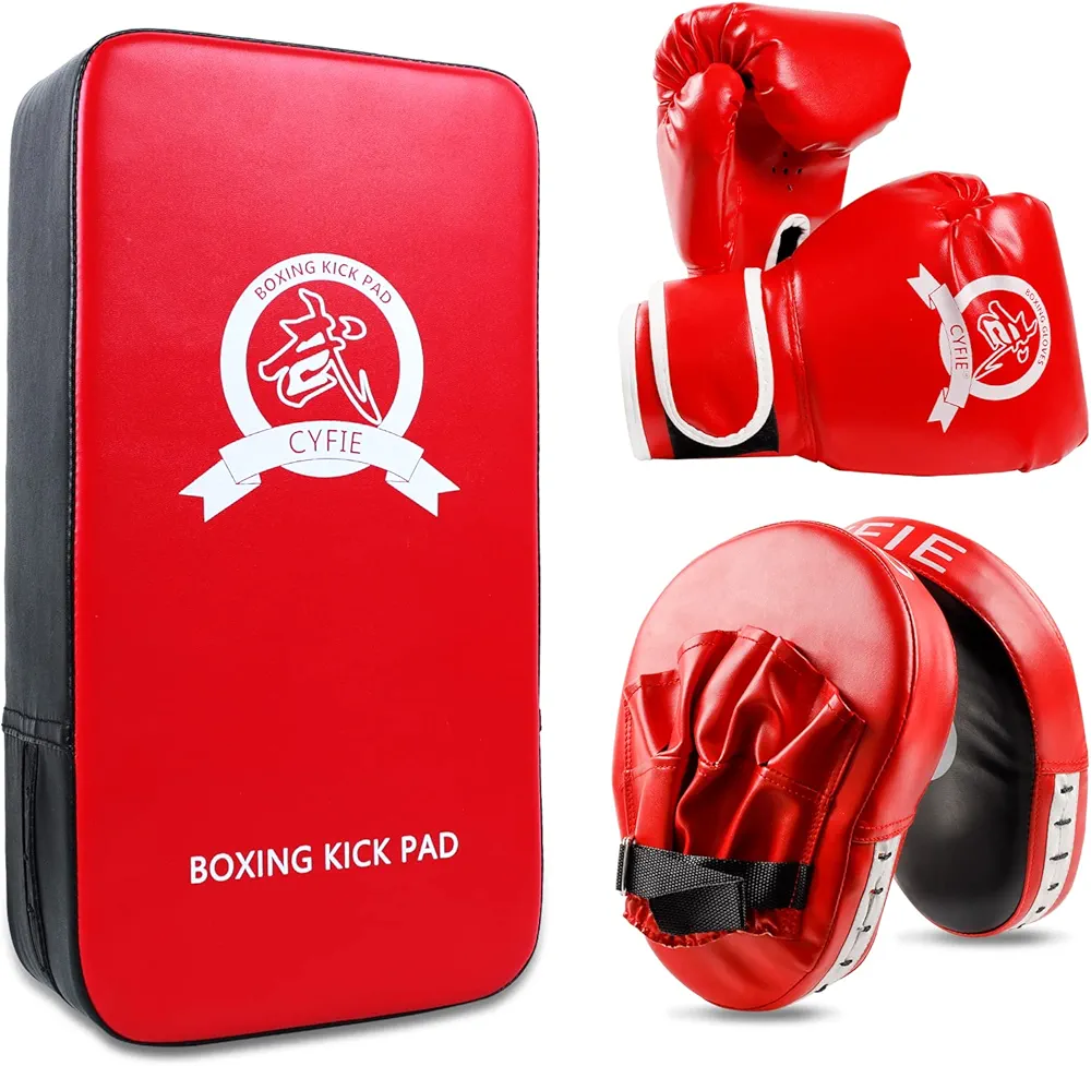 SEISSO Boxing Kick Pads Punching Mitts Curved,Kids Boxing Gloves,Leather Material Art Karate Pad Thai Hand Pad Focus Target Kickboxing Hand Target for Kicking Shield Training,Sparring,Dojo(5Pcs Set)