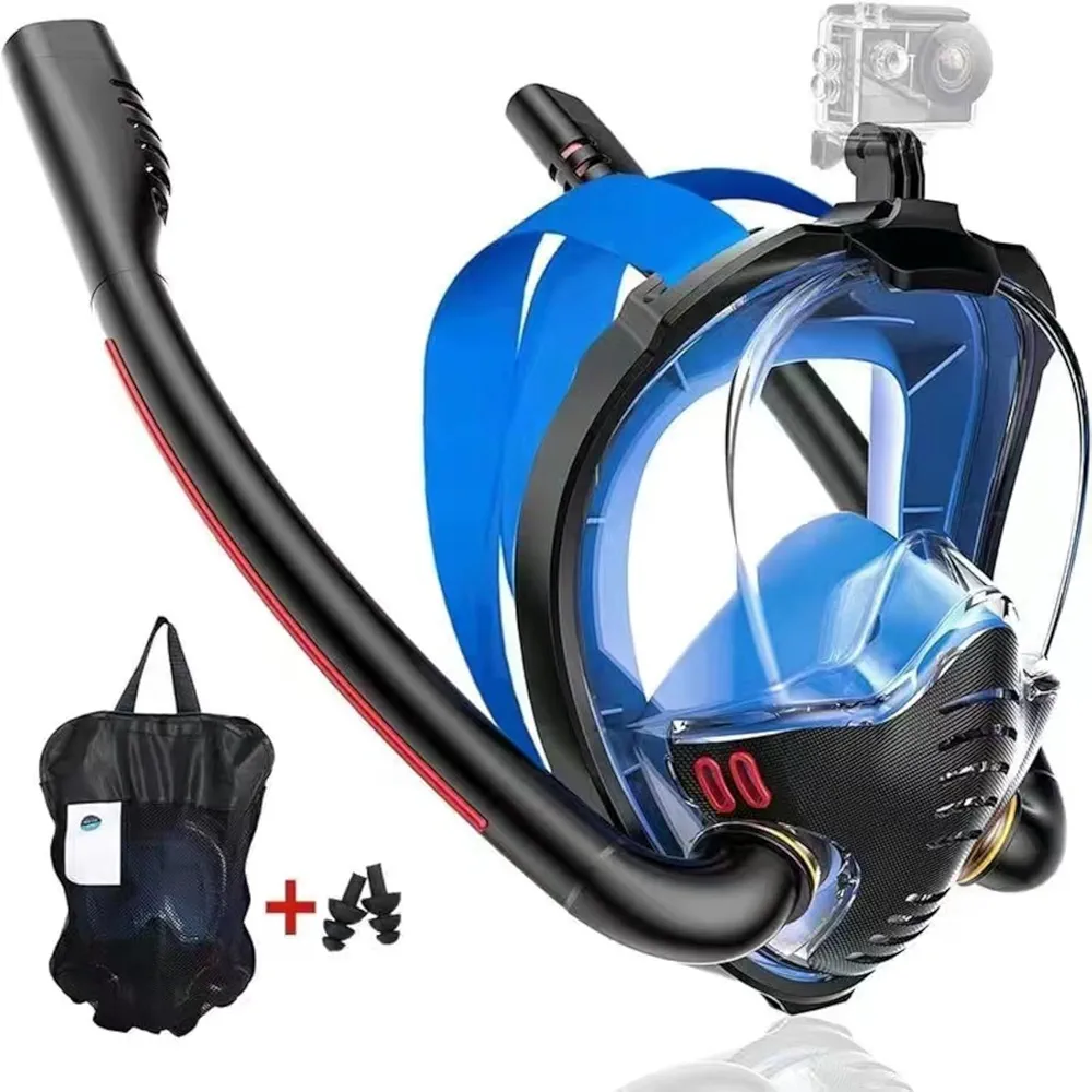 Dual Breathing Tubes Full Face Snorkel Mask Snorkeling Gear for Adults Panoramic View Scuba Mask Diving Mask Detachable Camera Mount Adjustable Straps Anti-Fog Anti-Leak Dry Top Set