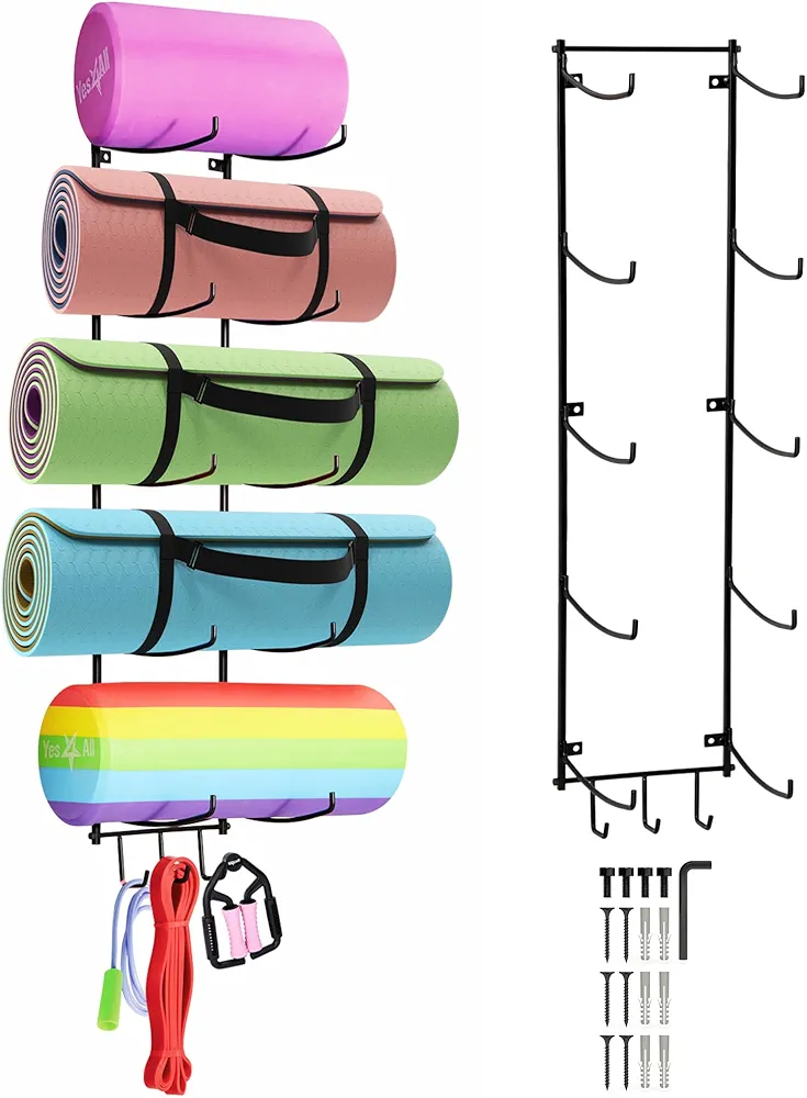 Yes4All 3-Tier and 5-Tier Steel Yoga Mat Rack Organizer Wall Mount with 3 Hooks, Foam Roller Holder Wall Mount Rack For Yoga Mat Storage, Hanging Yoga Strap and Resistance Bands