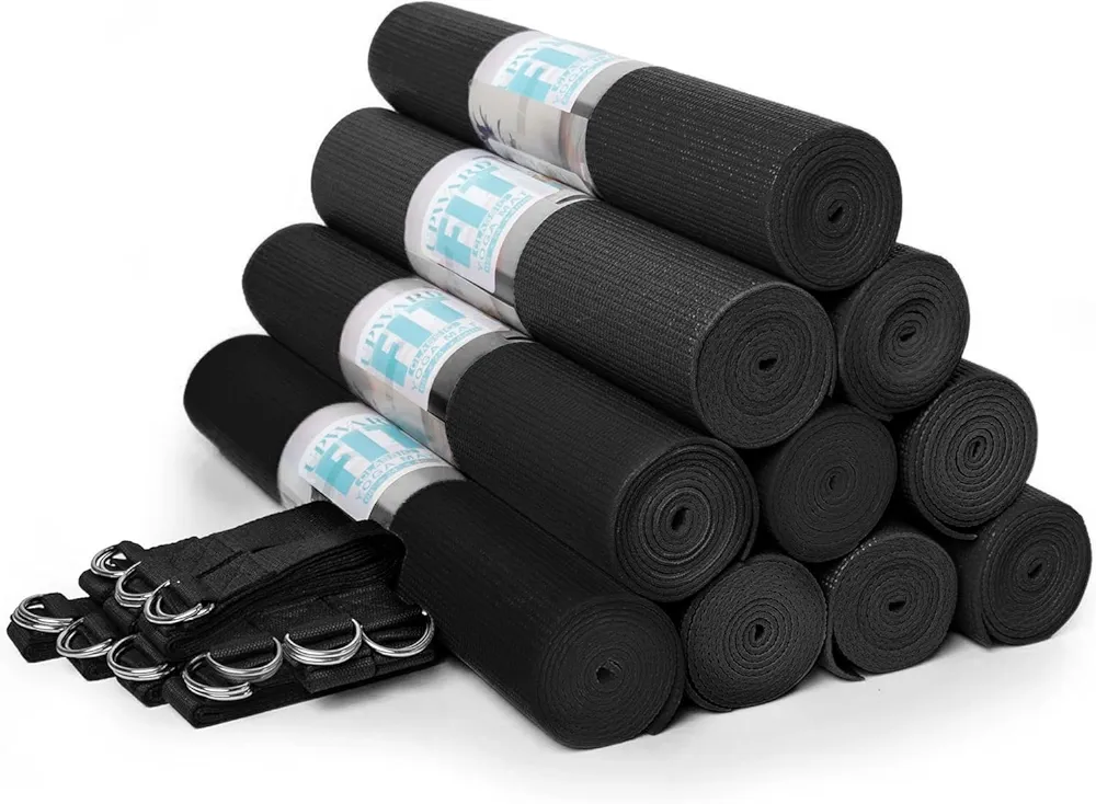 Classic Yoga Set, 10 Non Slip Yoga Mats (68" x 24" x 4mm) and 10 6ft D-Ring Yoga Straps, Yoga Accessories for Schools and Studios