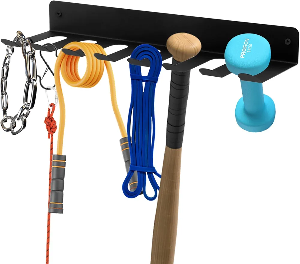 Gym Rack Organizer with 8 Hooks, Heavy-Duty Wall Mount Home Gym Accessories Hanger, Multi-Purpose Workout Gear Wall Hanger Storage for Barbells, Jump Ropes, Row Handles, Bats or Tools