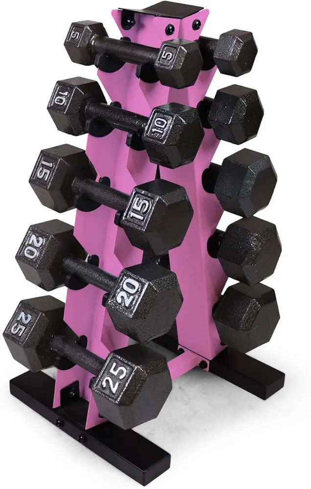 WF Athletic Supply 5-25 Lb Cast Iron Dumbbells Set with A Frame Storage Rack, Solid Gray/Black Hexagon Free Weights for Weight Lifting & Strength Training, Storage Rack Color Options Available