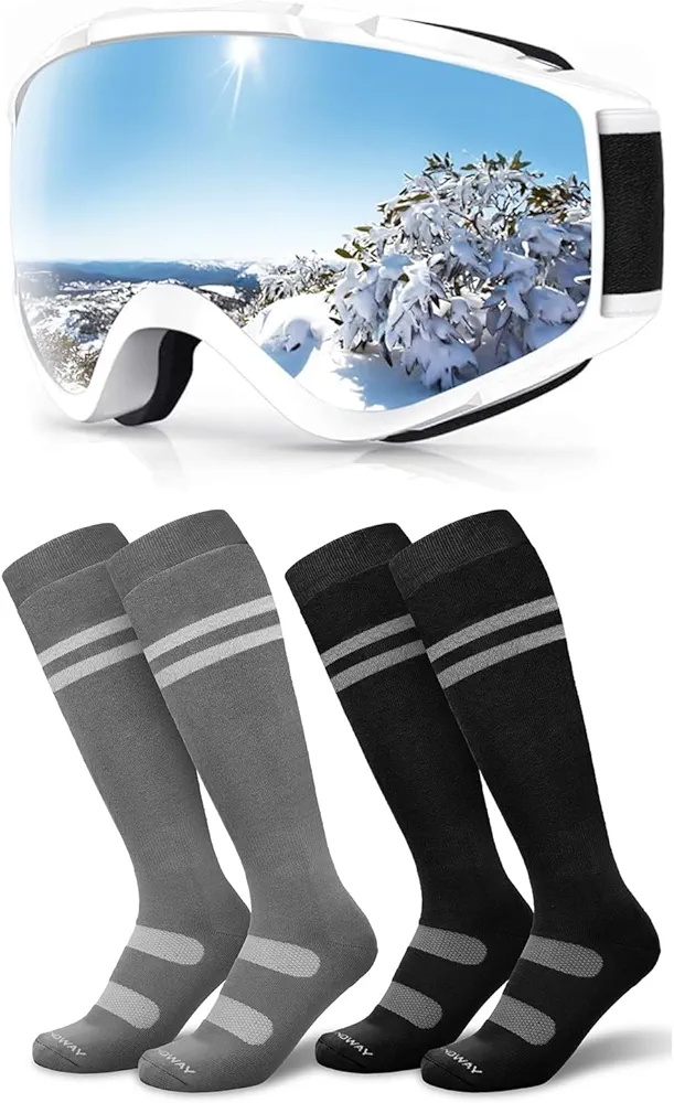 findway Ski Goggles OTG and Ski Socks for Women Men (Socks Size - M)