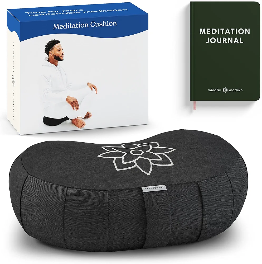 Mindful & Modern Large Meditation Cushion | Zafu Yoga Bolster Meditation Floor Pillow Seat | Buckwheat Hull Filled Crescent Shaped Cushion with Removable Washable Cover + Carry Handle