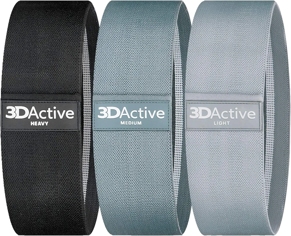 3DActive Fabric Resistance Bands for Legs & Butt. Wide Non-Slip Hip Band Set for Home & Gym Workouts. Exercise Guide & Carry Bag Included