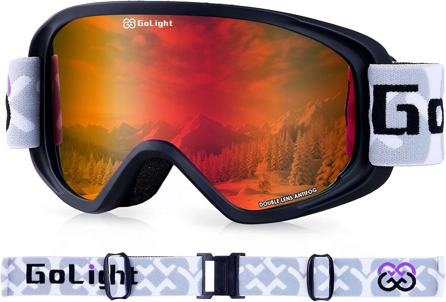 Ski Goggles, Snowboard Goggles for Women and Youth, 100% UV Protection, Anti-Fog, Cylindrical Lens, Winter Snow Goggles, Black Frame, Full Red Revo, YG-99
