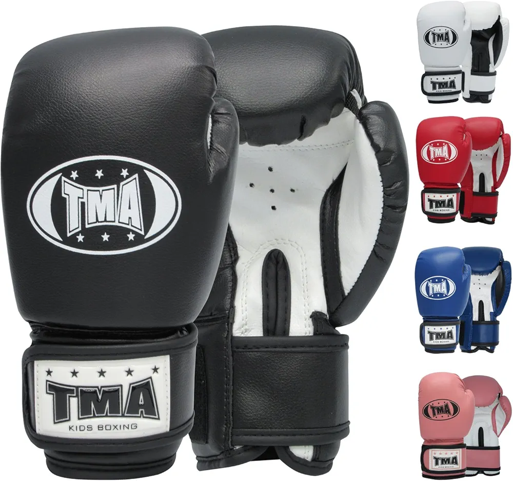 TMA Kids Boxing Gloves for Training & Muay Thai – Convex Leather Junior 4oz & 6oz Mitts for Kickboxing, Sparring & Fighting – Good for Youth Punch Bag, Grappling Dummy and Focus Pads Punching