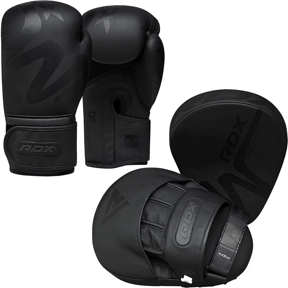 RDX Boxing Pads and Gloves Set, Convex Skin Leather Hook and Jab Target Focus Mitts with Punching Gloves, Good for Muay Thai, Kickboxing, Martial Arts, Karate, Coaching and MMA Training Matte Black