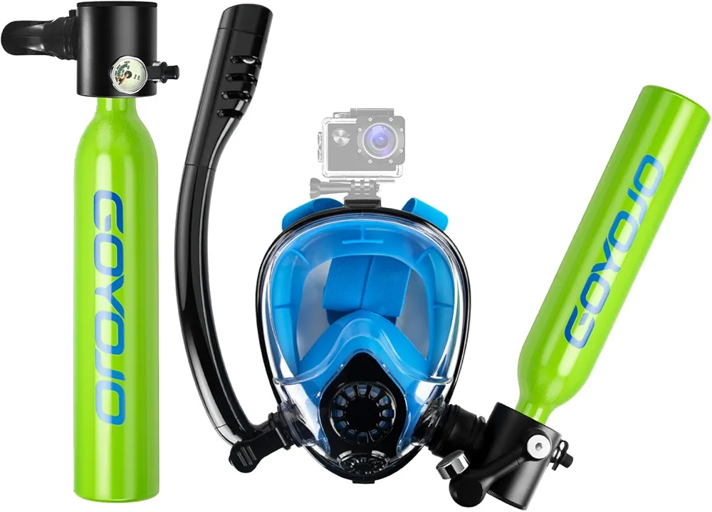 GOYOJO Mini Scuba Diving Tank with Snorkel Mask 0.5L Portable Diving Oxygen Cylinder-2pcs Full Face Diving Mask Underwater Breath System Lung Tank Air Buddy