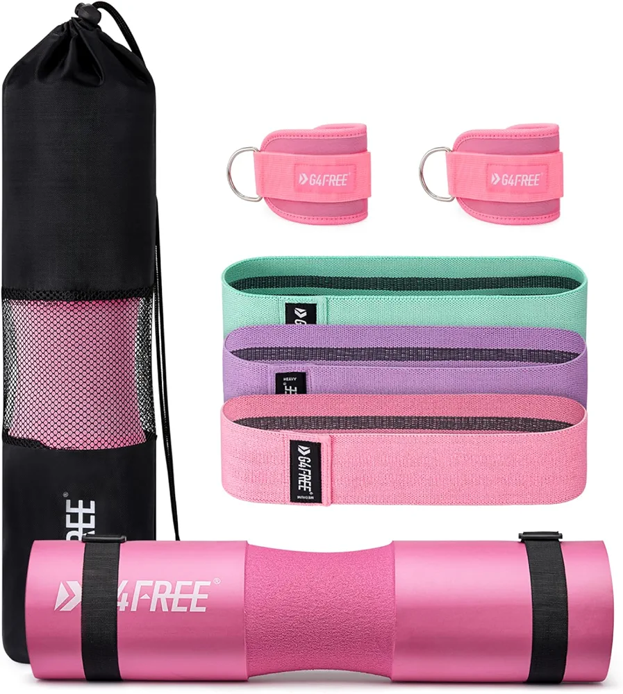 G4Free 7pcs Barbell Pad Set for Squat, Hip Thrusts, Lunges, Leg day, Standard Olympic Bars with 2 Gym Ankle Safety Straps, 3 Hip Resistance Bands, Barbell Pad and Carry Bag