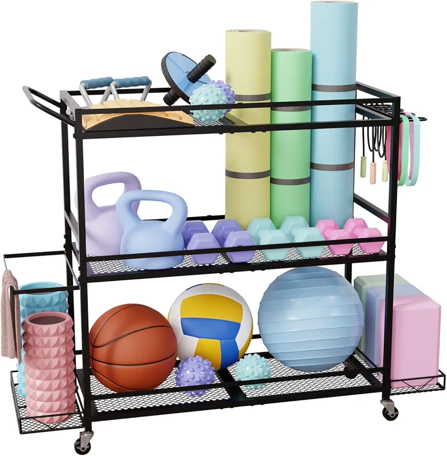 Yoga Mat Storage Rack Heavy-Duty Gym Storage Solution Designed for Yoga Mats, Dumbbells, and Kettlebells. Dumbbell Rack with Wheels for Easy Mobility