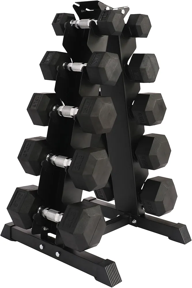 Signature Fitness 150LB Rubber Coated Hex Dumbbell Weight Set and Storage Rack, 5-25 lbs Pairs
