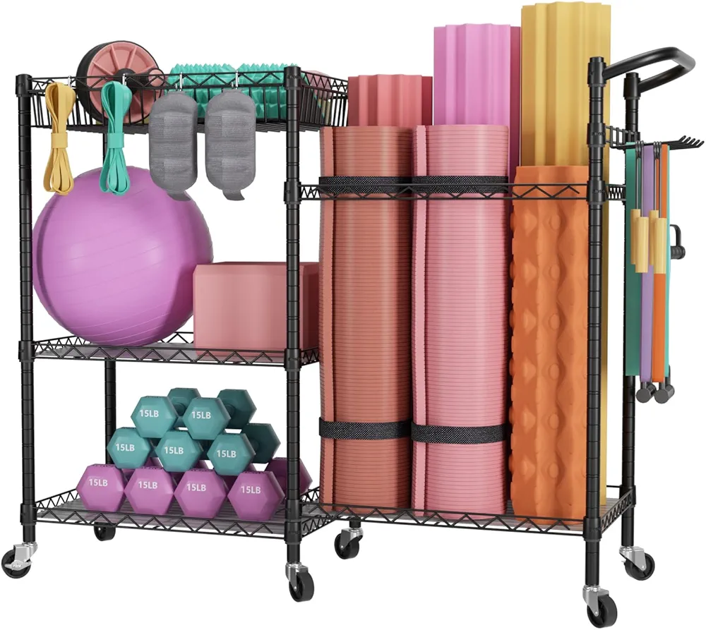 SINGAYE Dumbbell Rack Stand Only Yoga Mat Storage, Gym Equipment Storage, Cart for Organizing Workout Room, Home Gym Storage with Hooks and Wheels Black